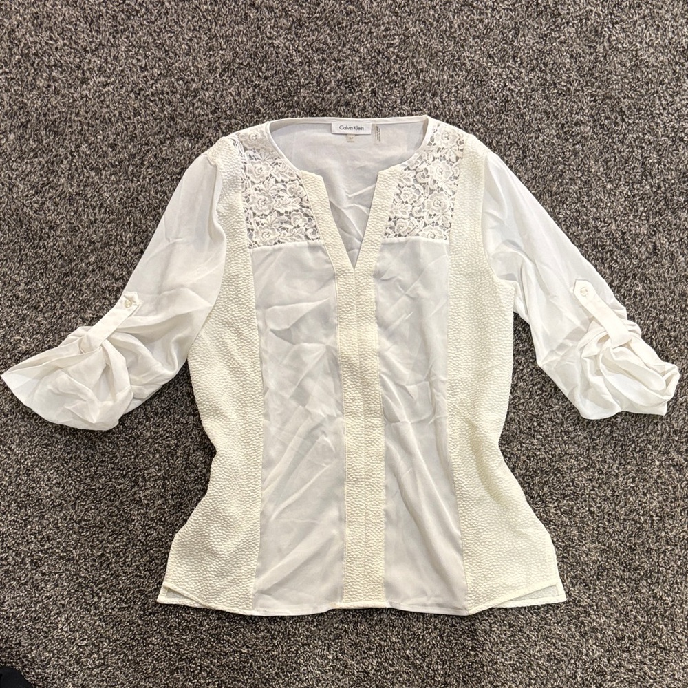 Calvin Klein Cream Sheer Accent Blouse Size Small, EUC